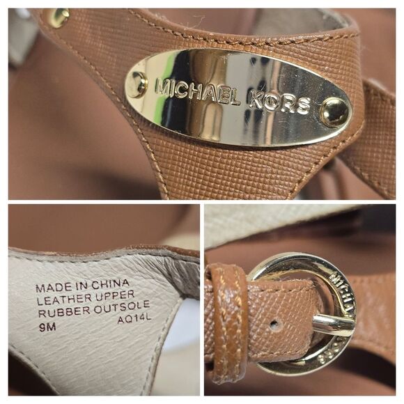MICHAEL Michael Kors Gold Logo Plate Brown Leather Thong Sandals 9 - Picture 2 of 7